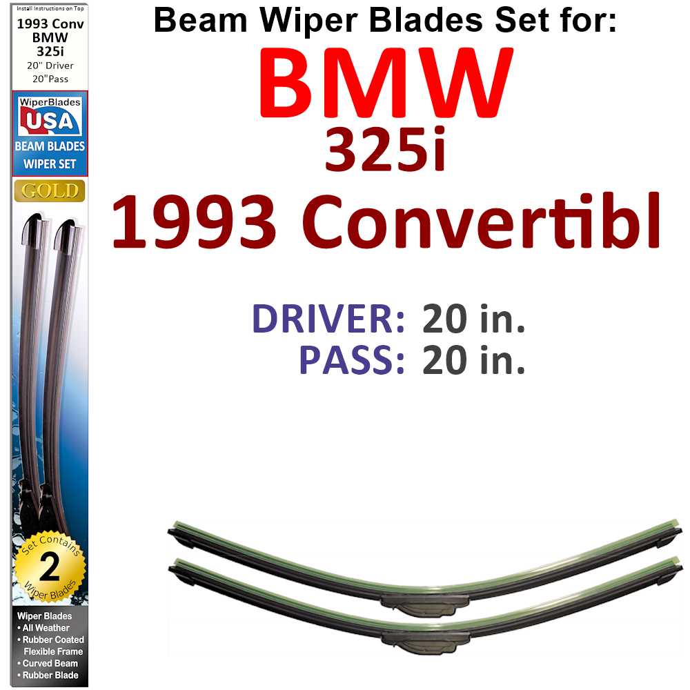 Set of 2 Beam Wiper Blades designed for 1993 BMW 325i Convertible, showcasing their flexible and durable construction.