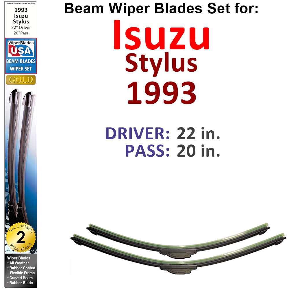 Set of 2 Beam Wiper Blades designed for 1993 Isuzu Stylus, showcasing their flexible and durable construction.