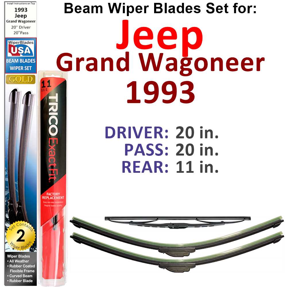Set of 3 Beam Wiper Blades designed for 1993 Jeep Grand Wagoneer, showcasing their flexible and durable construction.
