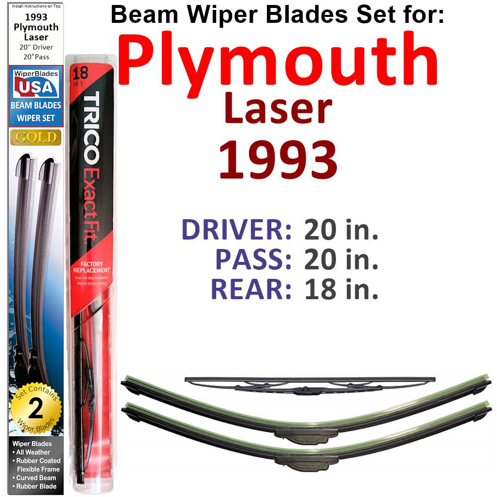 Set of 3 Beam Wiper Blades designed for 1993 Plymouth Laser, showcasing their flexible and durable design.