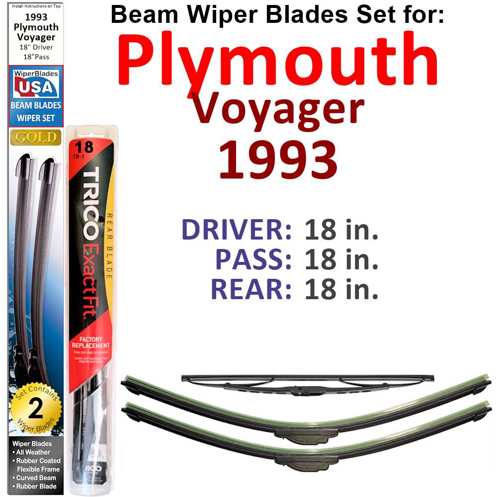 Set of 3 Beam Wiper Blades designed for 1993 Plymouth Voyager, showcasing their flexible and durable construction.