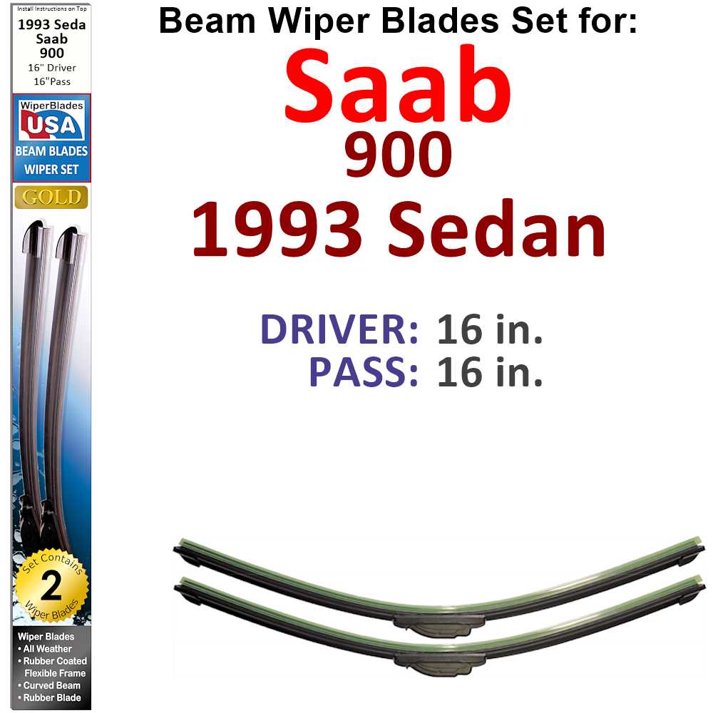 Set of two Beam Wiper Blades designed for 1993 Saab 900 Sedan, showcasing their flexible and durable construction.