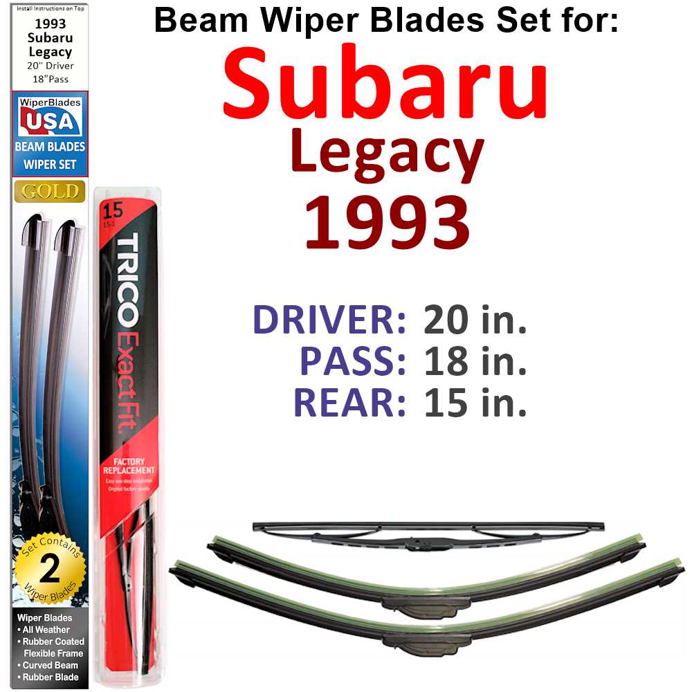 Set of 3 Beam Wiper Blades designed for 1993 Subaru Legacy, showcasing their flexible and durable construction.