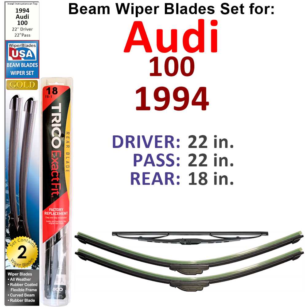 Set of 3 Beam Wiper Blades designed for 1994 Audi 100, showcasing their flexible and durable construction.