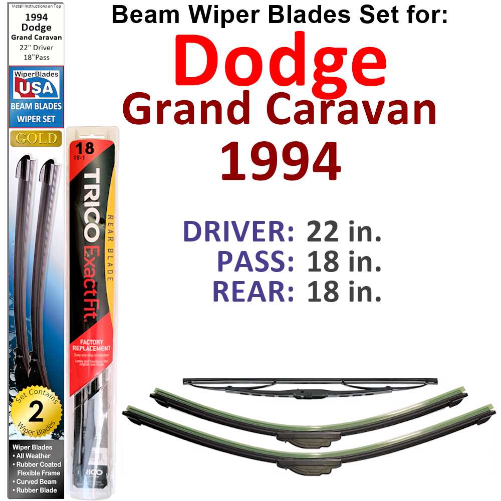Set of 3 Beam Wiper Blades designed for 1994 Dodge Grand Caravan, showcasing their flexible and durable construction.
