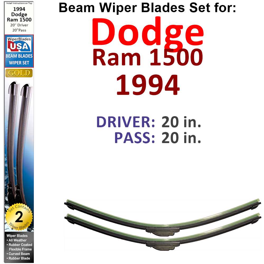 Set of 2 Beam Wiper Blades designed for 1994 Dodge Ram 1500, showcasing their flexible and durable construction.