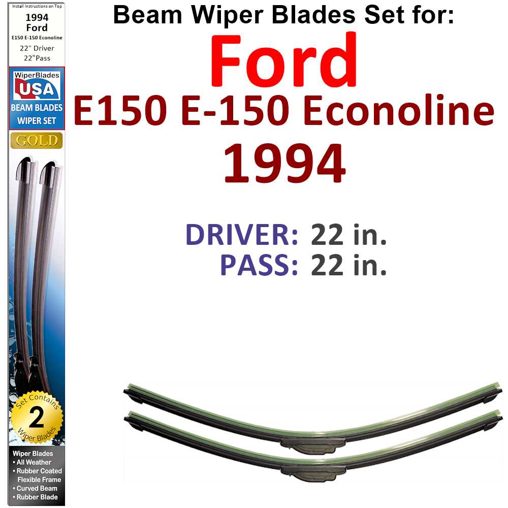 Set of 2 Beam Wiper Blades designed for 1994 Ford E150 E-150 Econoline, showcasing their flexible and durable design.