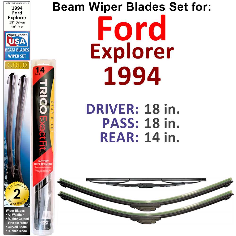 Set of 3 Beam Wiper Blades designed for 1994 Ford Explorer, showcasing their flexible and low-profile design.