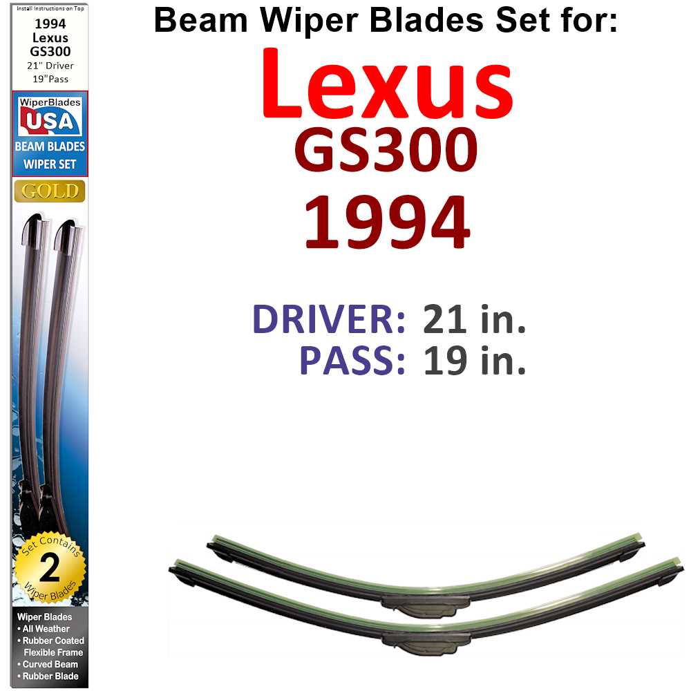 Set of 2 Beam Wiper Blades designed for 1994 Lexus GS300, showcasing their flexible and durable construction.