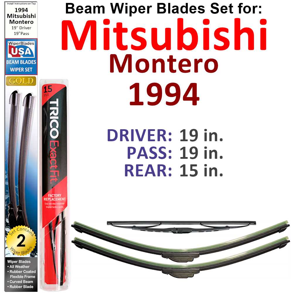 Set of 3 Beam Wiper Blades designed for 1994 Mitsubishi Montero, showcasing their flexible and sealed design for optimal windshield cleaning.