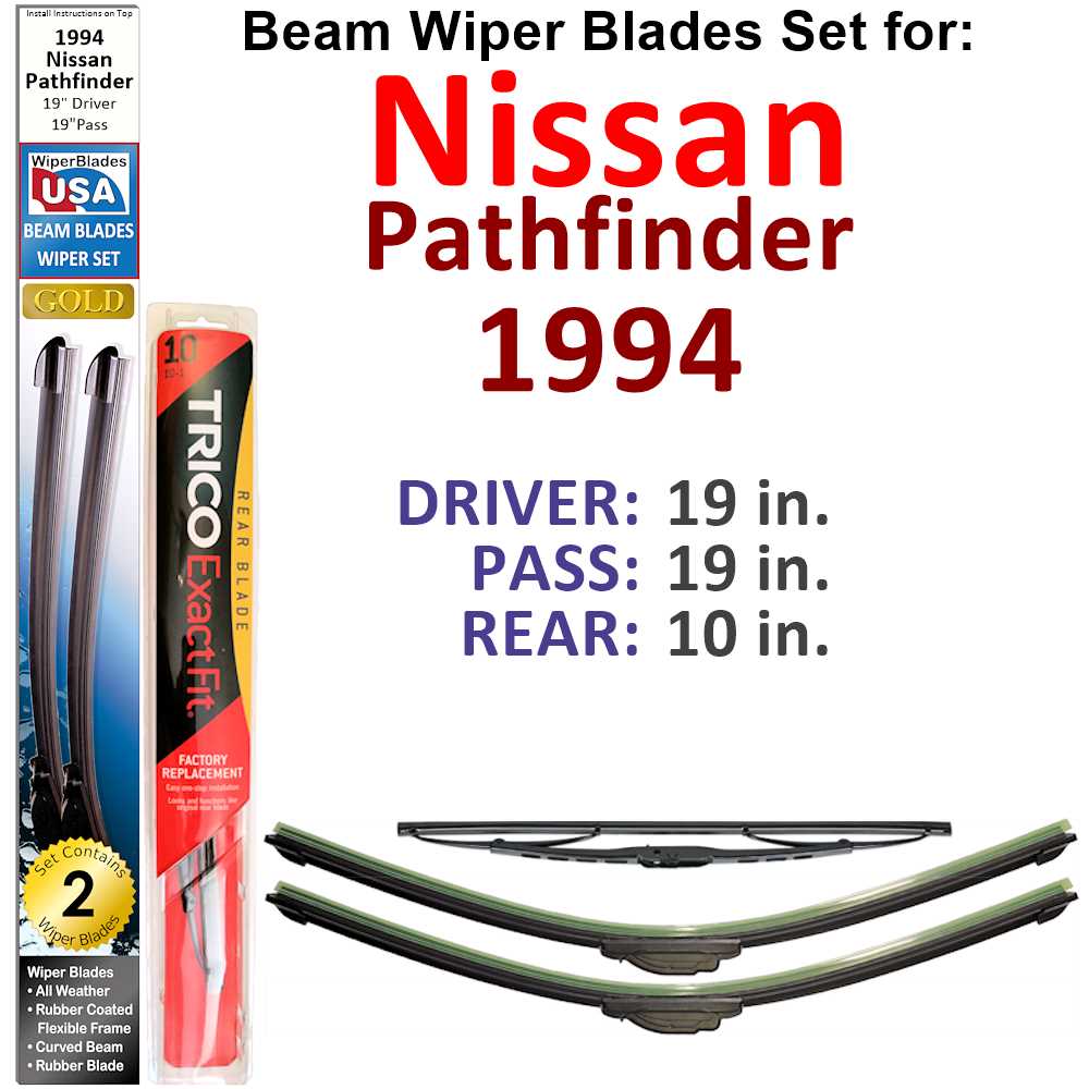 Set of 3 Beam Wiper Blades designed for 1994 Nissan Pathfinder, showcasing their flexible and durable construction.