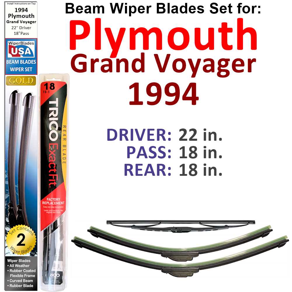 Set of 3 Beam Wiper Blades designed for 1994 Plymouth Grand Voyager, showcasing their flexible and durable construction.