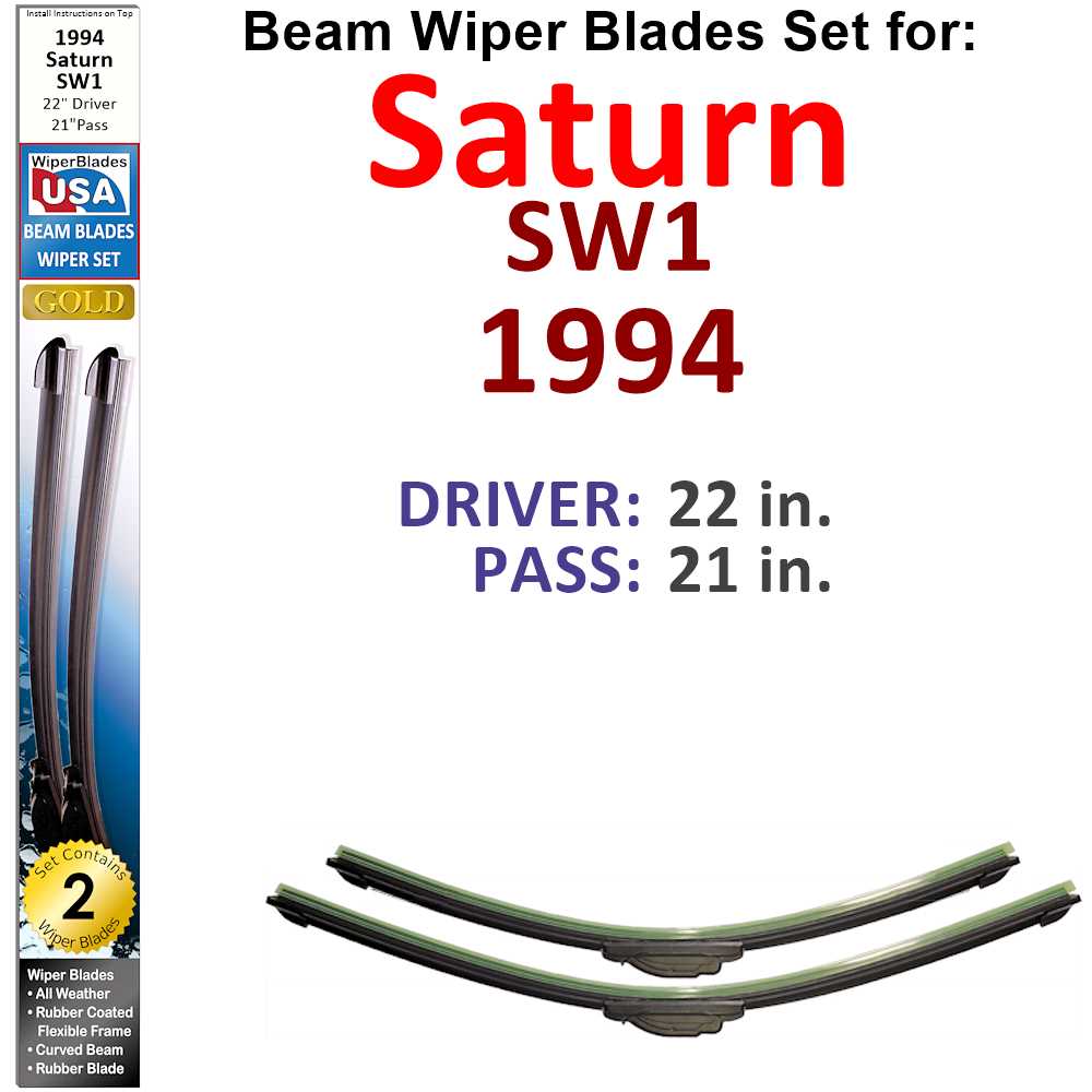 Set of two Beam Wiper Blades designed for 1994 Saturn SW1, showcasing their flexible and low-profile design.