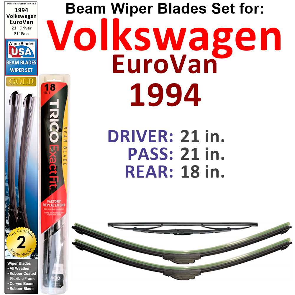 Set of 3 Beam Wiper Blades designed for 1994 Volkswagen EuroVan, showcasing their flexible and durable design.