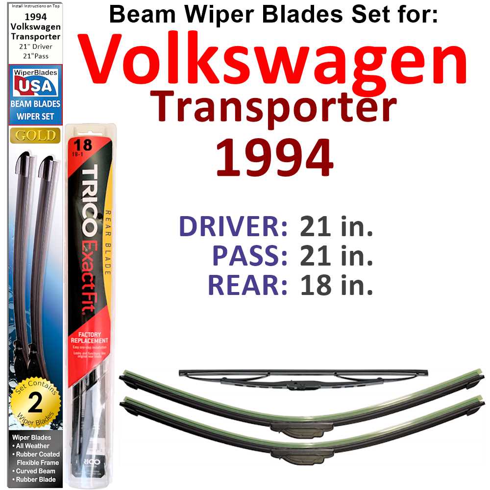 Set of 3 Beam Wiper Blades designed for 1994 Volkswagen Transporter, showcasing their flexible and sealed design for optimal performance.