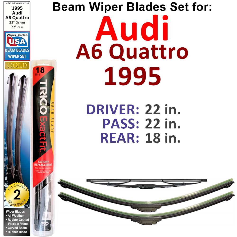 Set of 3 Beam Wiper Blades designed for 1995 Audi A6 Quattro, showcasing their sleek design and durable construction.