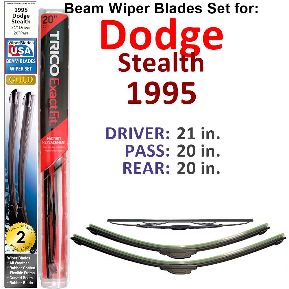 Set of 3 Beam Wiper Blades for 1995 Dodge Stealth, showcasing their flexible design and rubber-encased metal spine.
