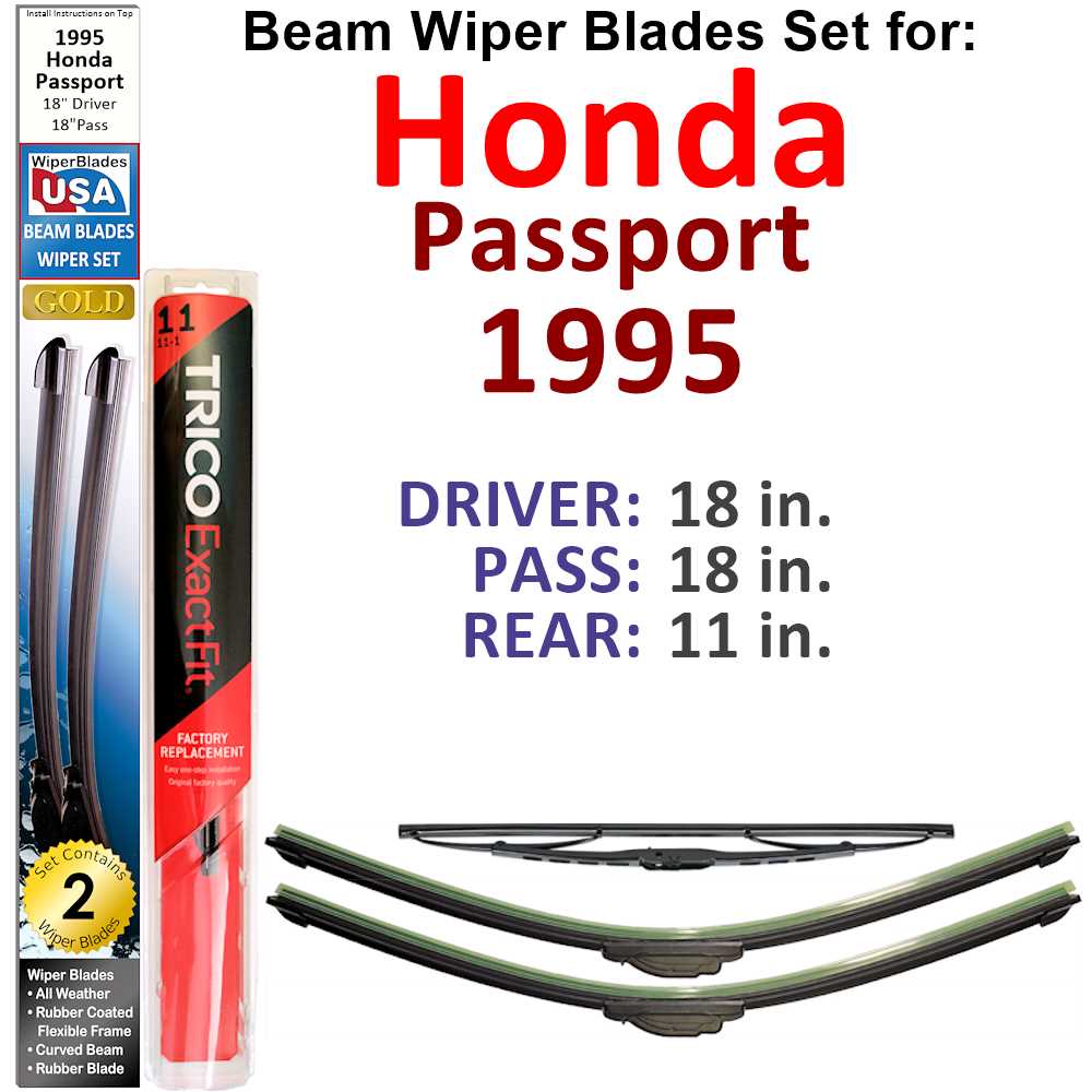 Set of 3 Beam Wiper Blades designed for 1995 Honda Passport, showcasing their flexible and durable construction.