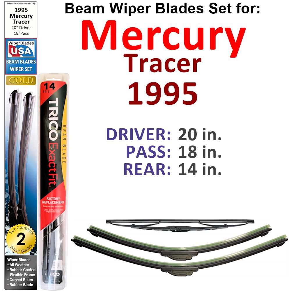 Set of 3 Beam Wiper Blades designed for 1995 Mercury Tracer, showcasing their flexible and durable construction.
