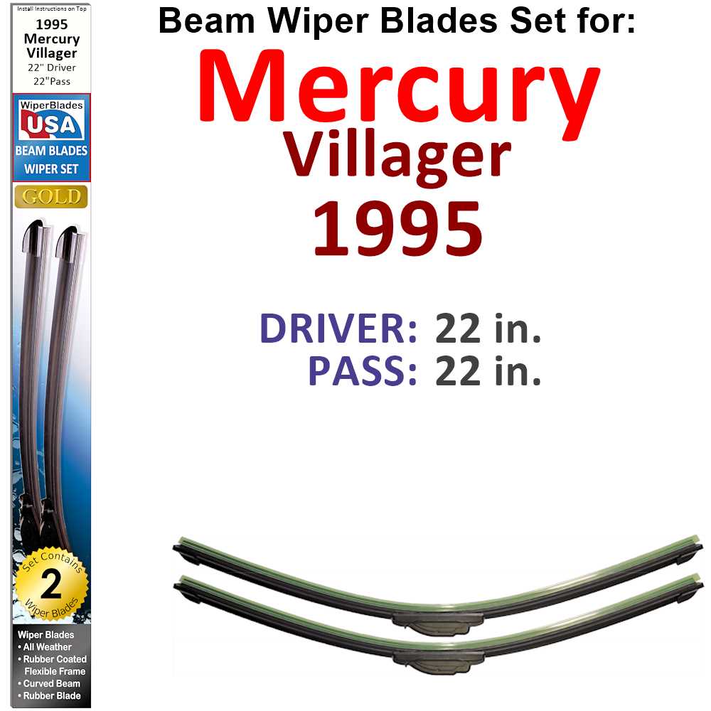 Set of 2 Beam Wiper Blades designed for 1995 Mercury Villager, showcasing their flexible and durable construction.