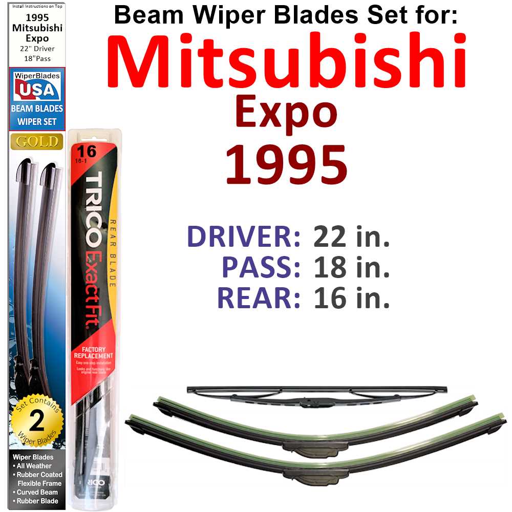 Set of 3 Beam Wiper Blades designed for 1995 Mitsubishi Expo, showcasing their flexible and durable construction.