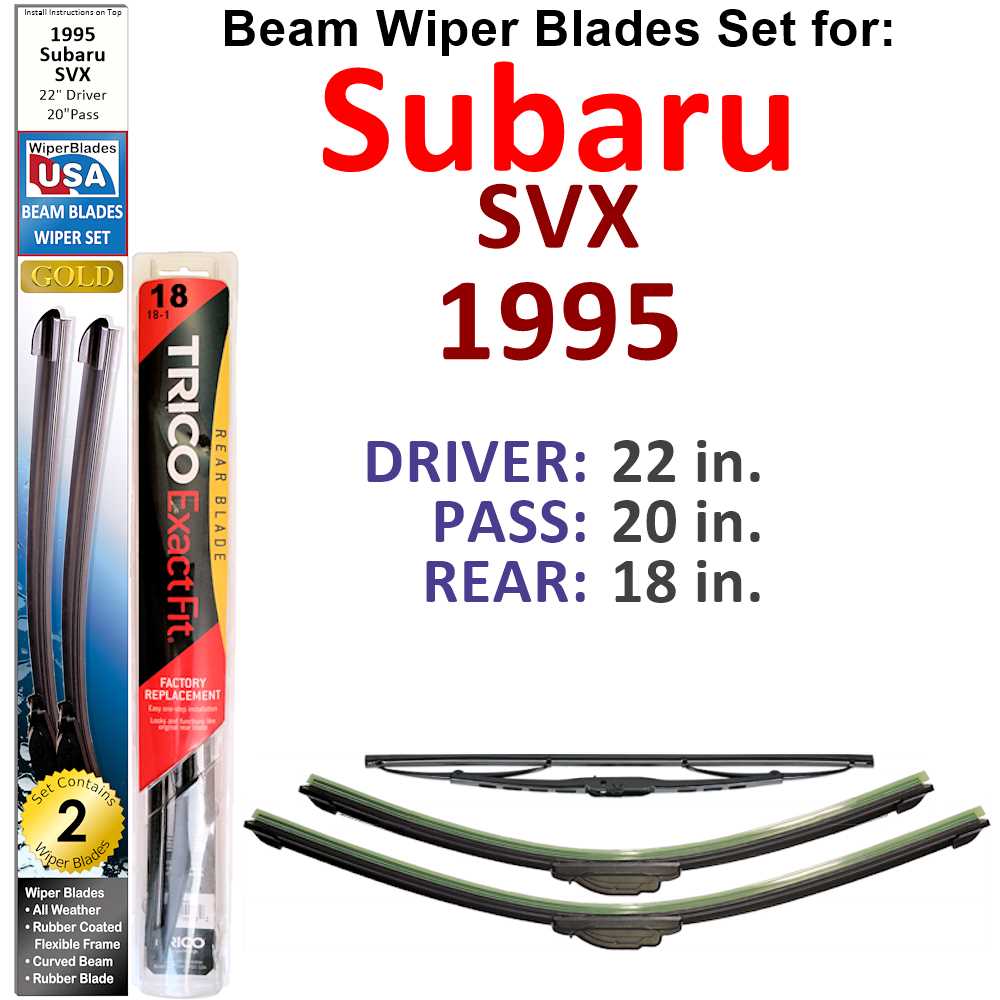 Set of 3 Beam Wiper Blades designed for 1995 Subaru SVX, showcasing their flexible and durable construction.
