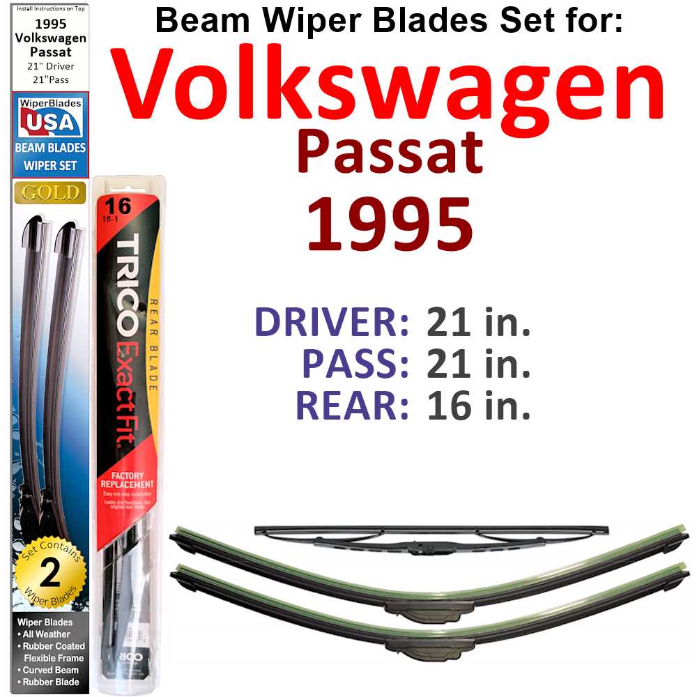 Set of 3 Beam Wiper Blades designed for 1995 Volkswagen Passat, showcasing their flexible and durable construction.