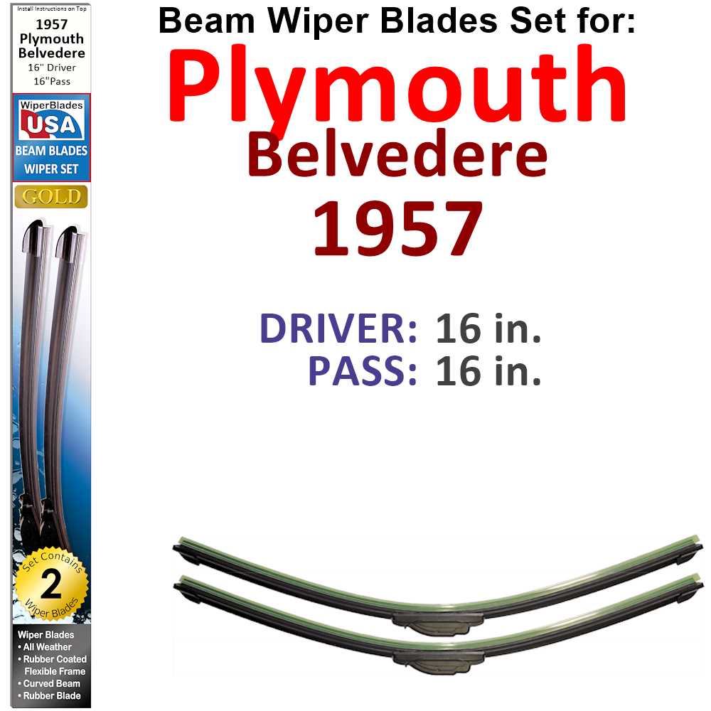 Set of 2 Beam Wiper Blades designed for 1957 Plymouth Belvedere, showcasing their flexible and durable construction.