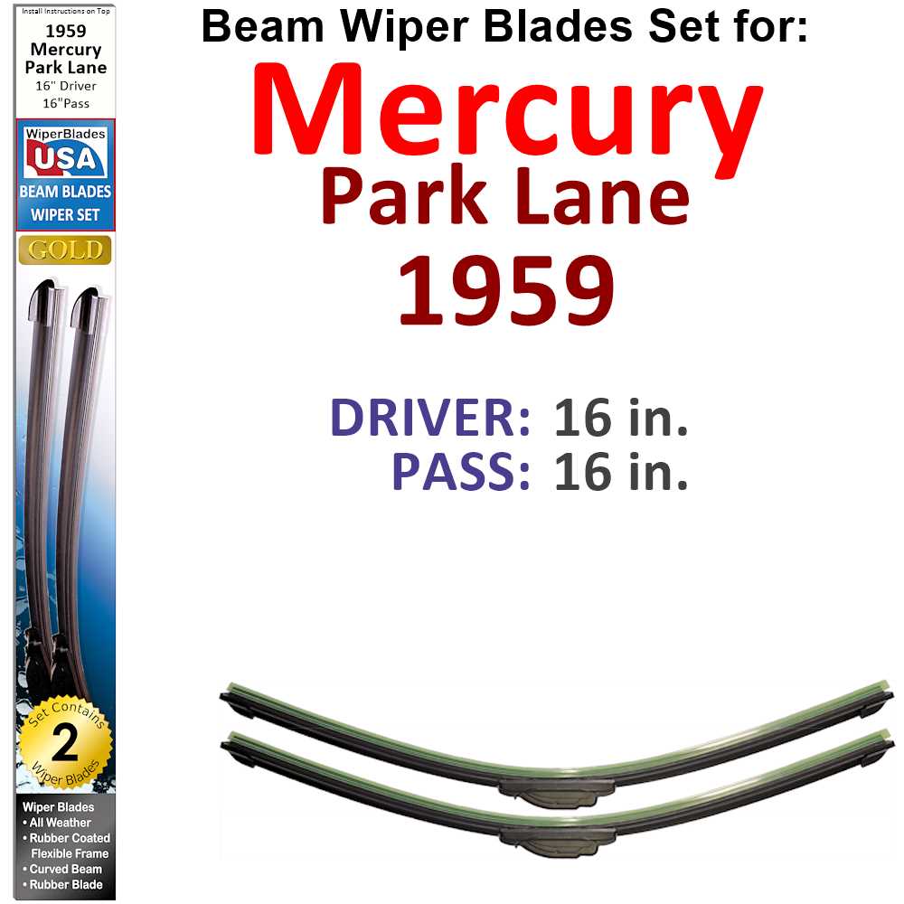 Set of two Beam Wiper Blades designed for 1959 Mercury Park Lane, showcasing their flexible and durable construction.