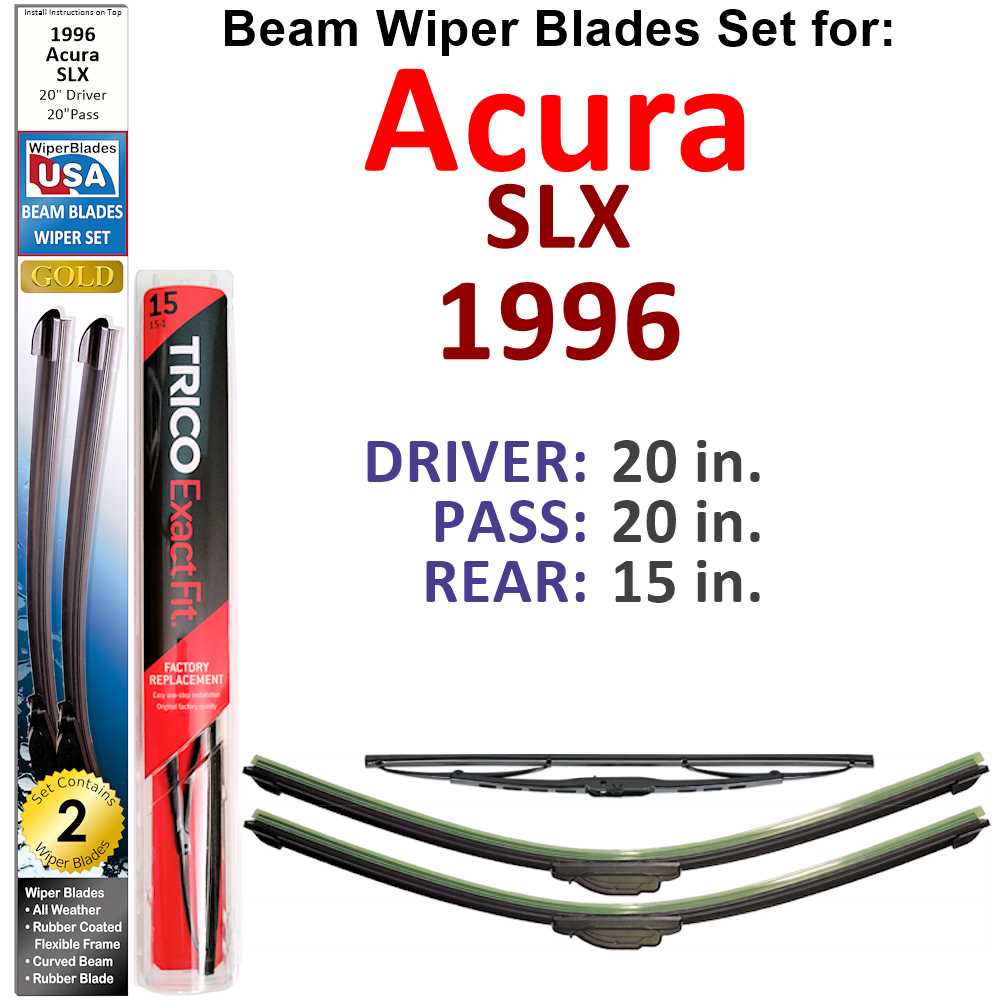 Set of 3 Beam Wiper Blades designed for 1996 Acura SLX, showcasing their flexible and durable construction.