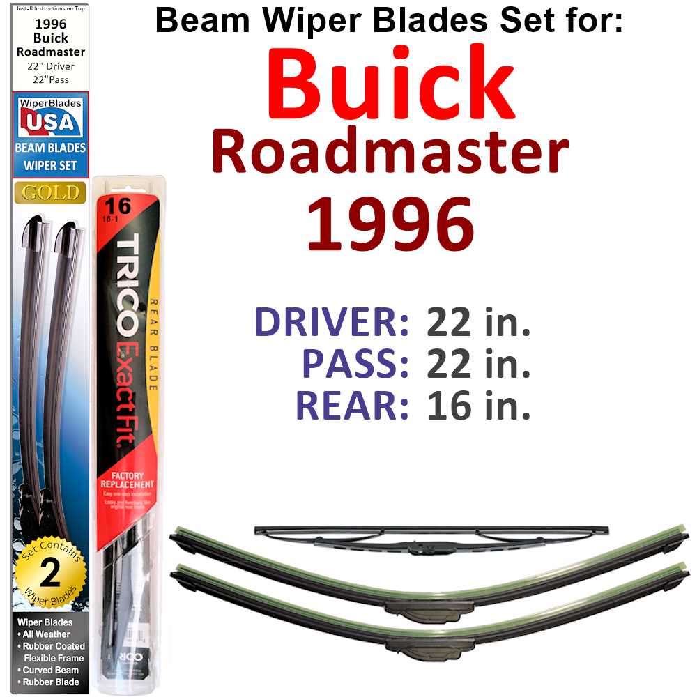 Set of 3 Beam Wiper Blades designed for 1996 Buick Roadmaster, showcasing their flexible and durable construction.