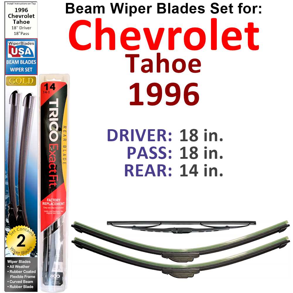 Set of 3 Beam Wiper Blades designed for 1996 Chevrolet Tahoe, showcasing their flexible and durable construction.