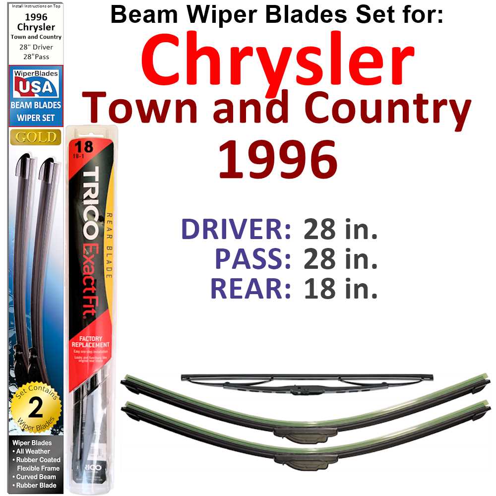Set of 3 Beam Wiper Blades designed for 1996 Chrysler Town and Country, showcasing their flexible and durable construction.