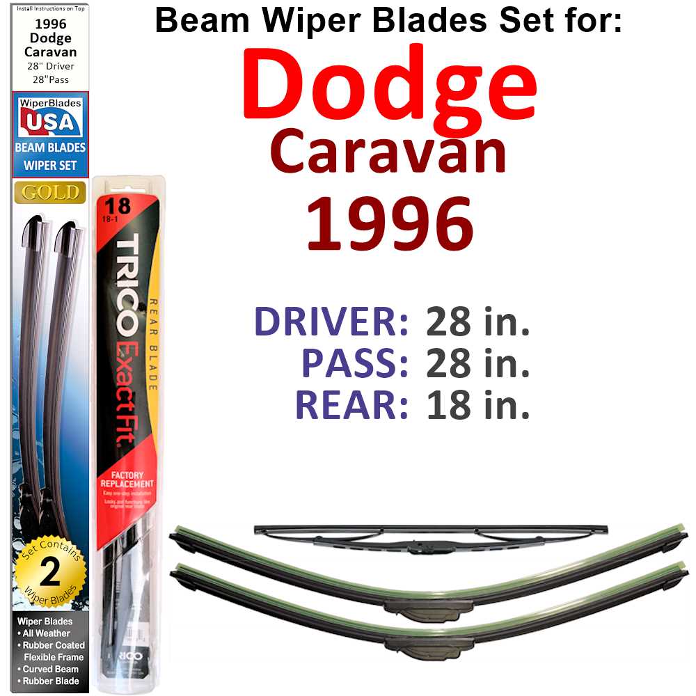 Set of 3 Beam Wiper Blades designed for 1996 Dodge Caravan, showcasing their flexible and durable design.