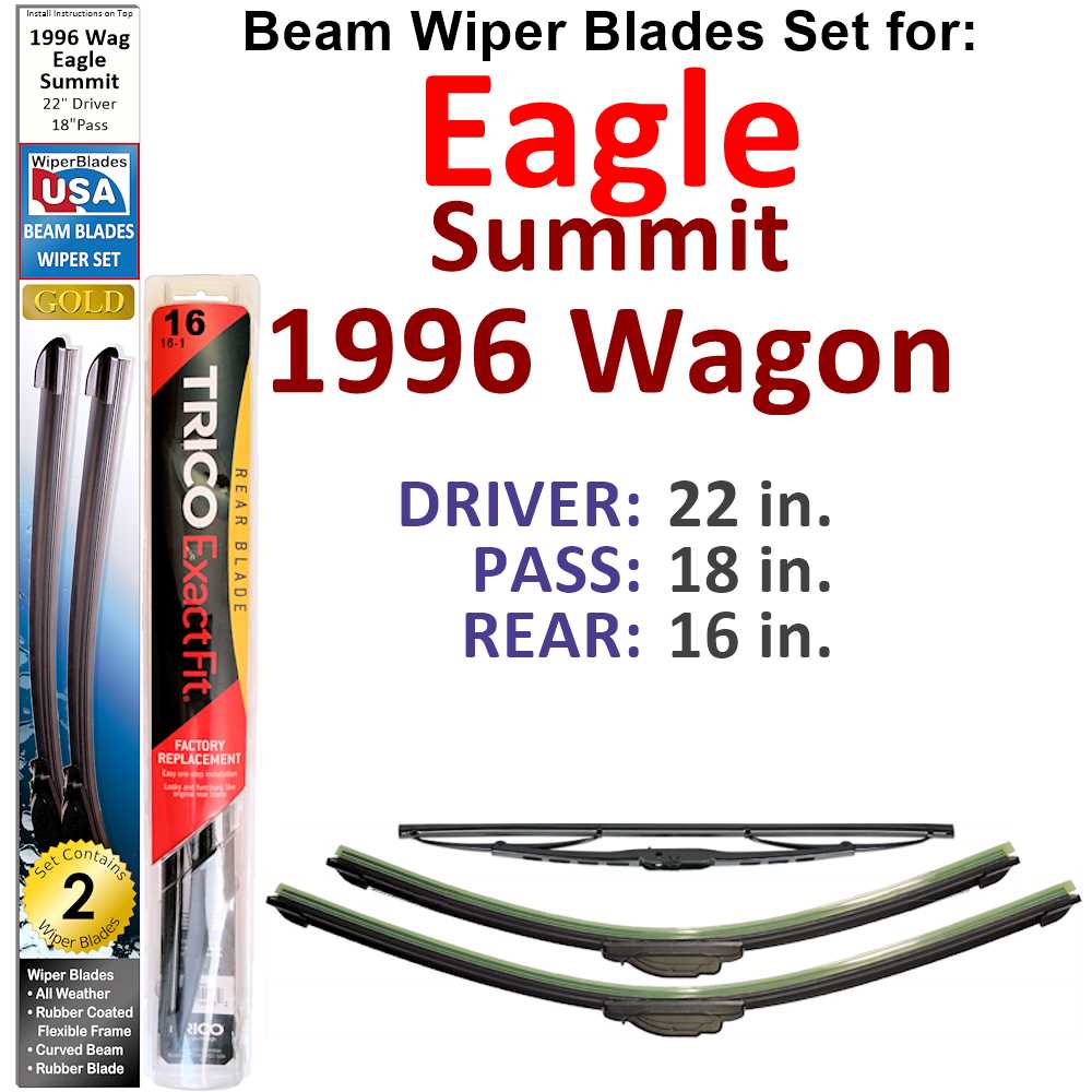 Set of 3 Beam Wiper Blades designed for 1996 Eagle Summit Wagon, showcasing their flexible and durable construction.