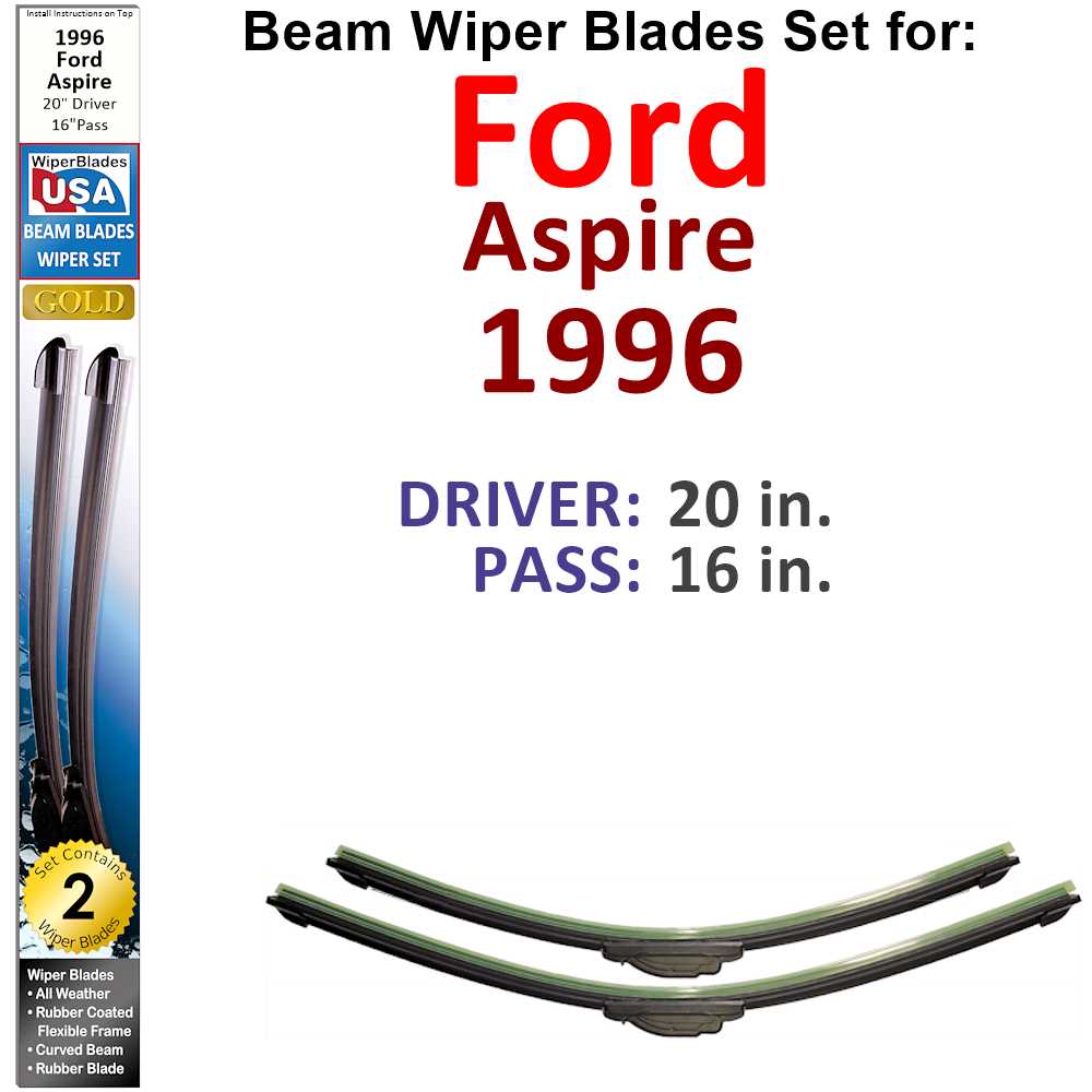Set of two Beam Wiper Blades designed for 1996 Ford Aspire, showcasing their flexible and sealed construction for optimal performance.