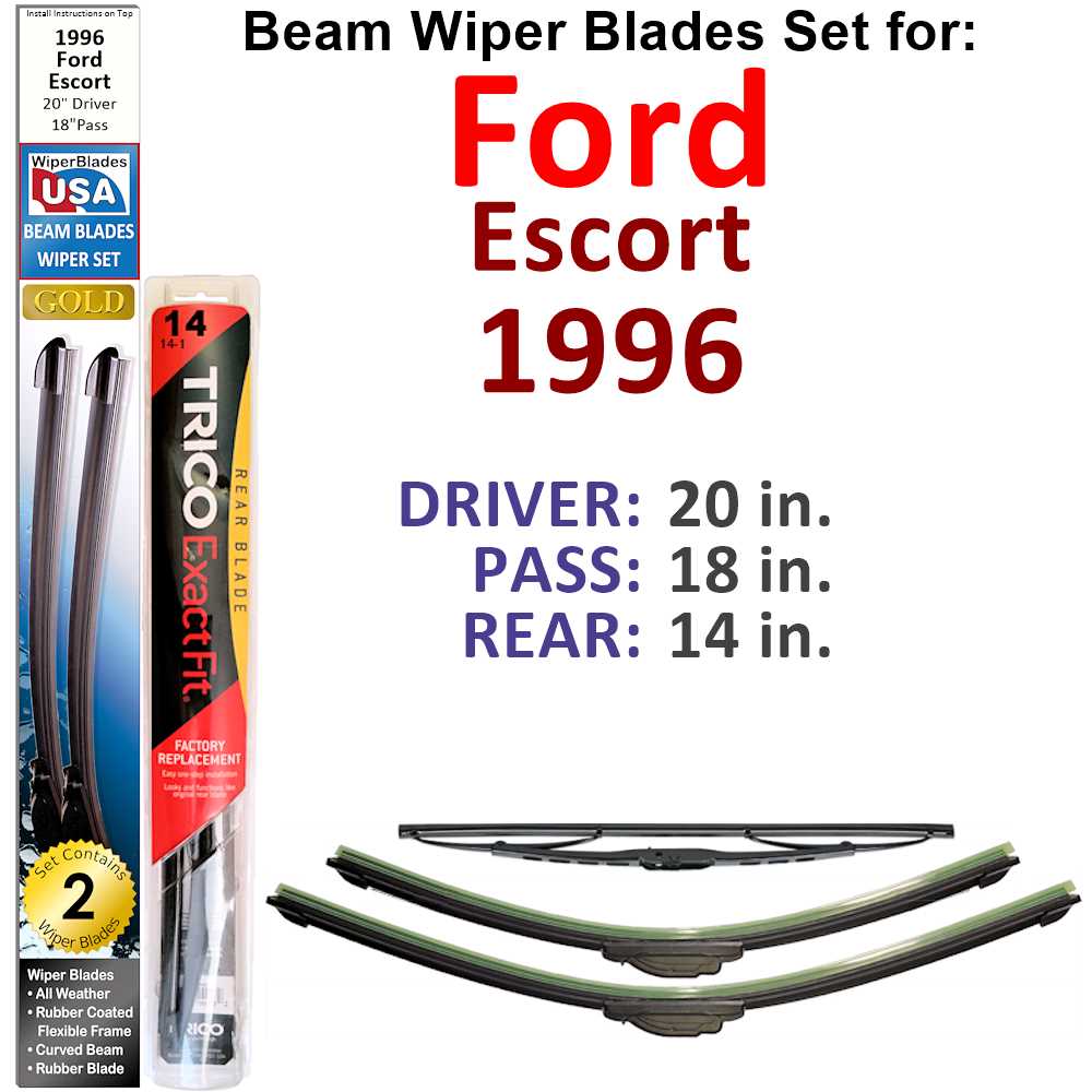 Set of 3 Beam Wiper Blades designed for 1996 Ford Escort, showcasing their sleek design and durable construction.