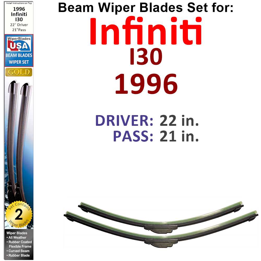 Set of 2 Beam Wiper Blades designed for 1996 Infiniti I30, showcasing their flexible and durable construction.