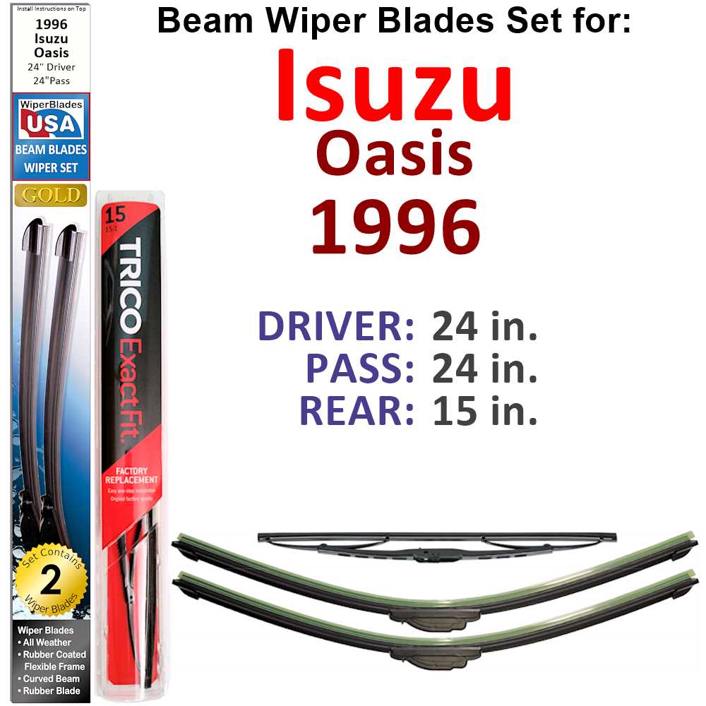 Set of 3 Beam Wiper Blades designed for 1996 Isuzu Oasis, showcasing their flexible and durable design.