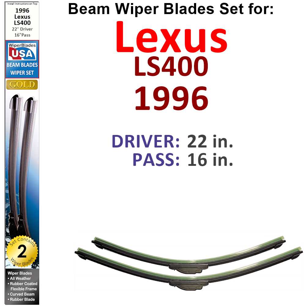 Set of two Beam Wiper Blades designed for 1996 Lexus LS400, showcasing their flexible beam design and rubber-covered metal spine.