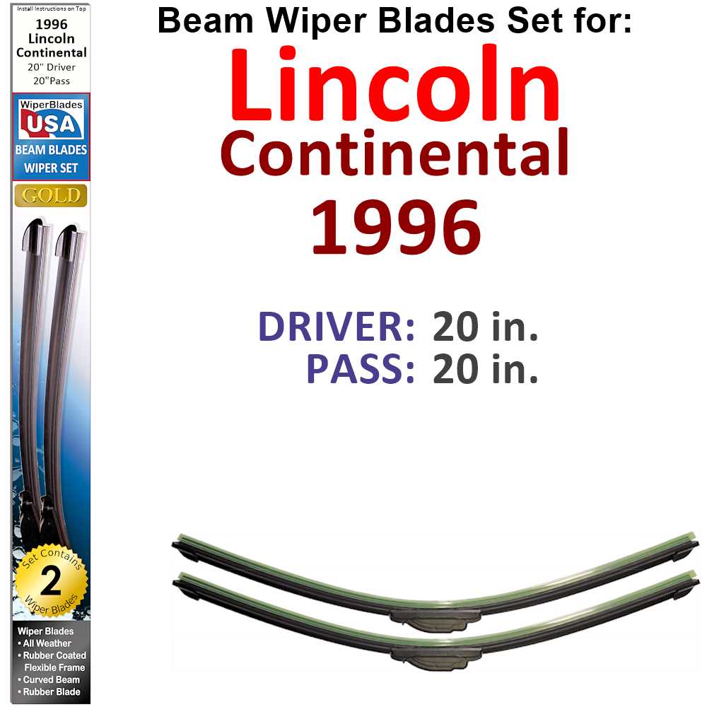 Set of 2 Beam Wiper Blades designed for 1996 Lincoln Continental, showcasing their flexible and durable construction.