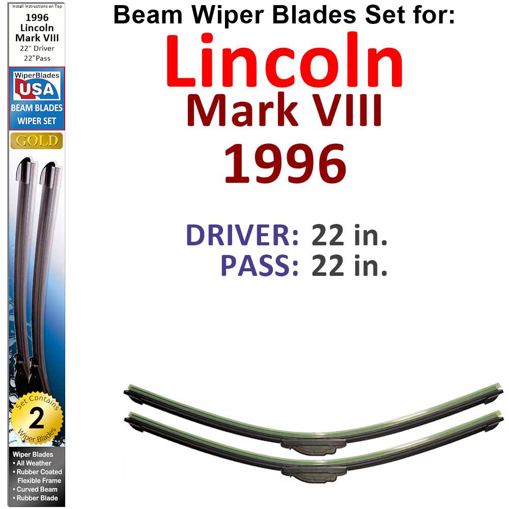Set of two Beam Wiper Blades designed for 1996 Lincoln Mark VIII, showcasing their flexible and durable construction.