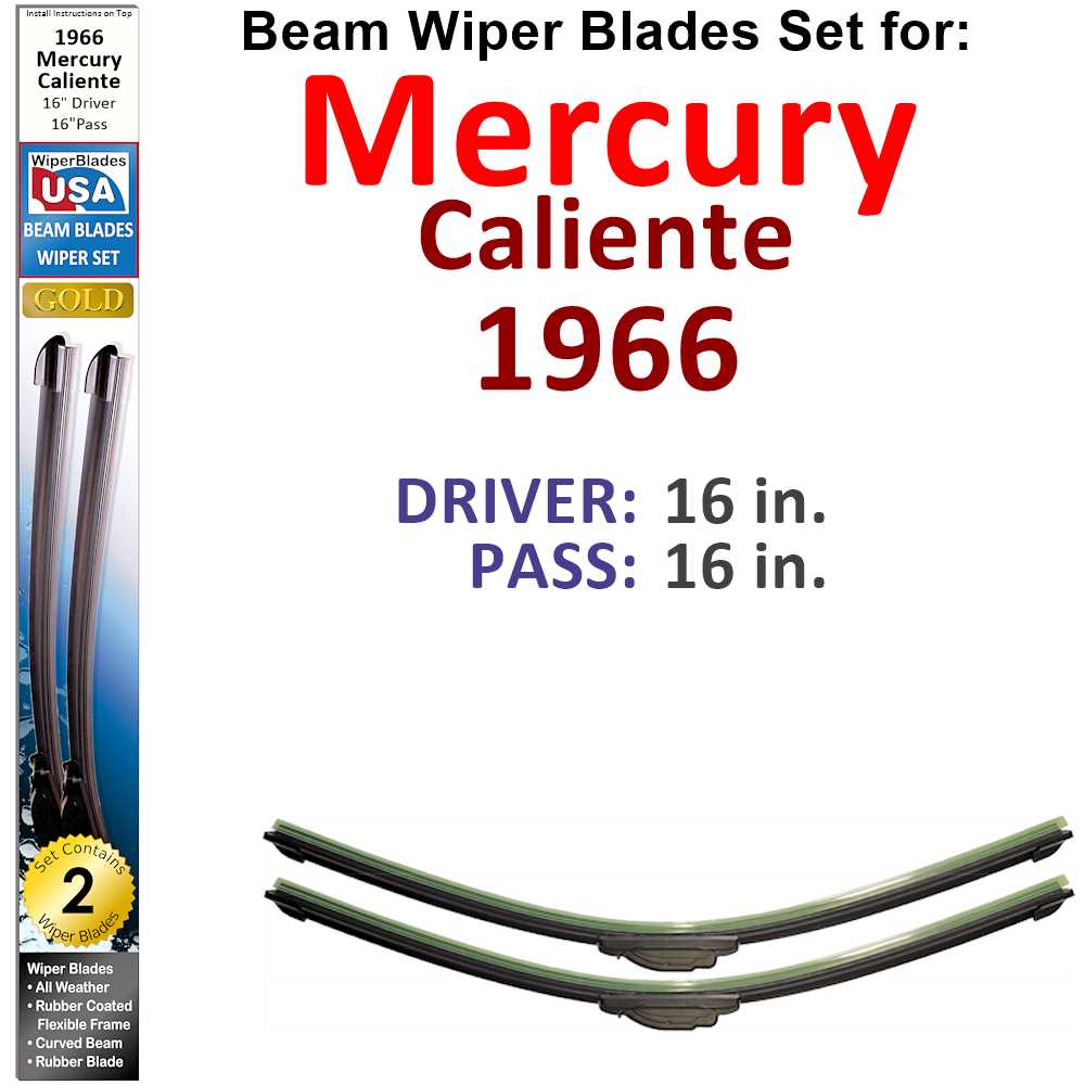 Set of 2 Beam Wiper Blades designed for 1966 Mercury Caliente, showcasing their flexible and durable construction.