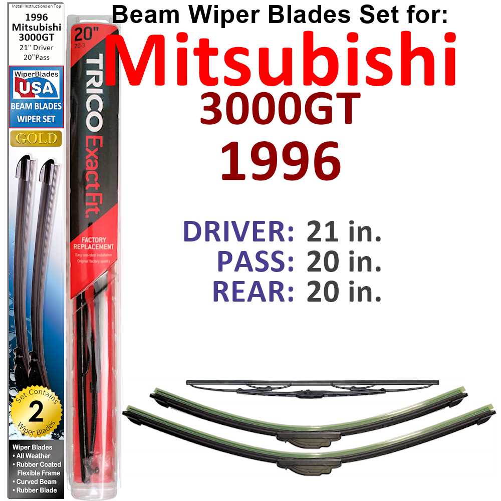 Set of 3 Beam Wiper Blades designed for 1996 Mitsubishi 3000GT, showcasing their flexible and sealed construction for optimal performance.