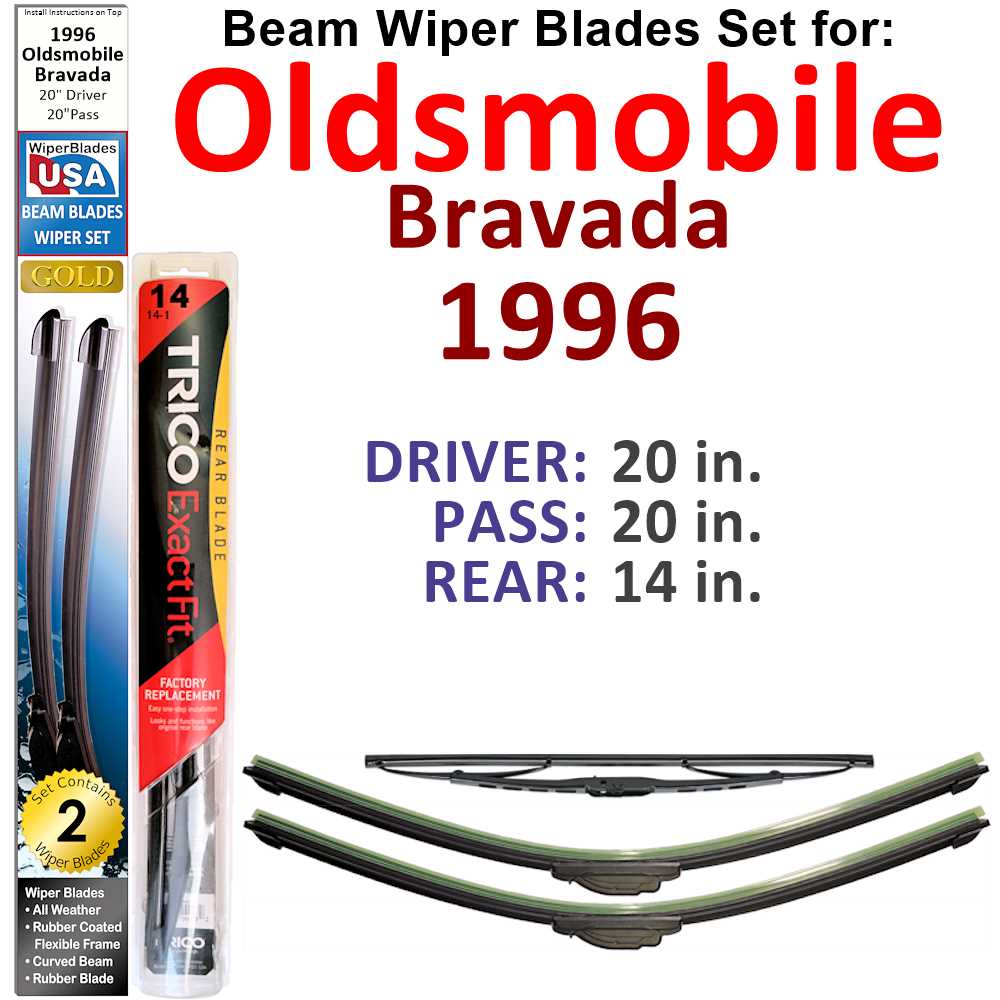 Set of 3 Beam Wiper Blades designed for 1996 Oldsmobile Bravada, showcasing their flexible and durable construction.