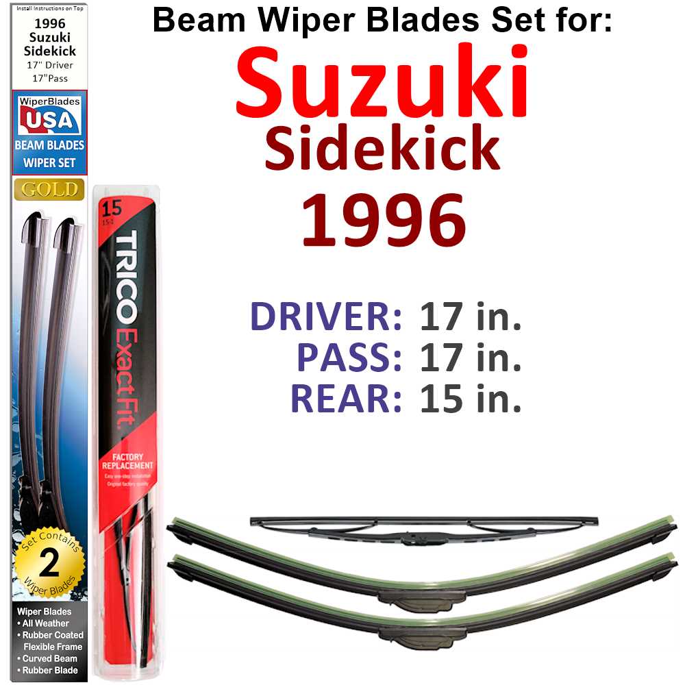 Set of 3 Beam Wiper Blades designed for 1996 Suzuki Sidekick, showcasing their flexible and low-profile design.