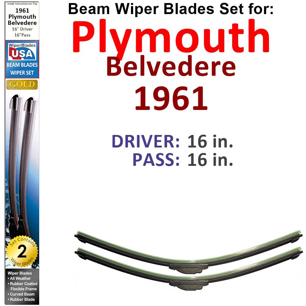 Set of two Beam Wiper Blades designed for 1961 Plymouth Belvedere, showcasing their sleek design and durable construction.