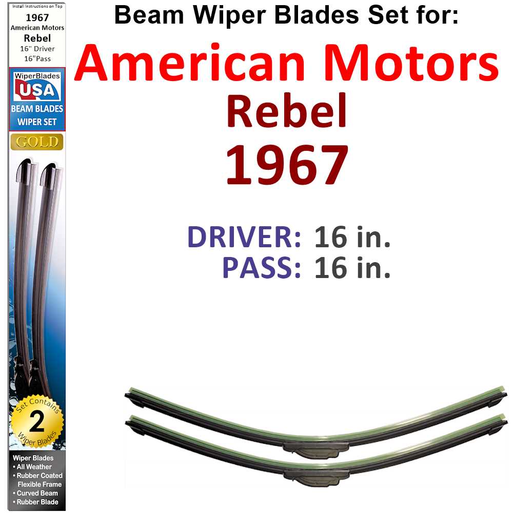 Set of two Beam Wiper Blades designed for 1967 American Motors Rebel, showcasing their flexible and durable construction.