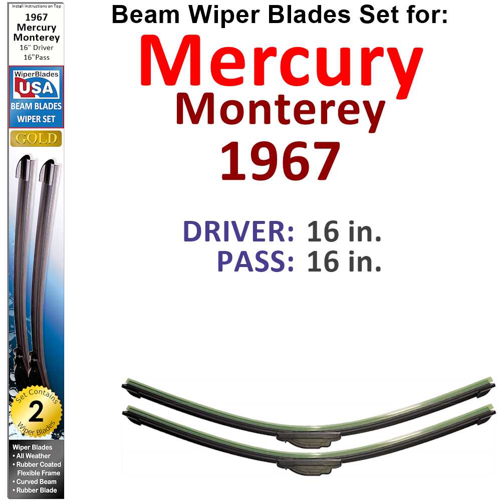 Set of 2 Beam Wiper Blades designed for 1967 Mercury Monterey, showcasing their flexible and sealed construction for optimal performance.