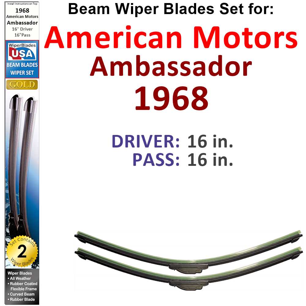 Set of two Beam Wiper Blades designed for 1968 American Motors Ambassador, showcasing their sleek design and durable construction.